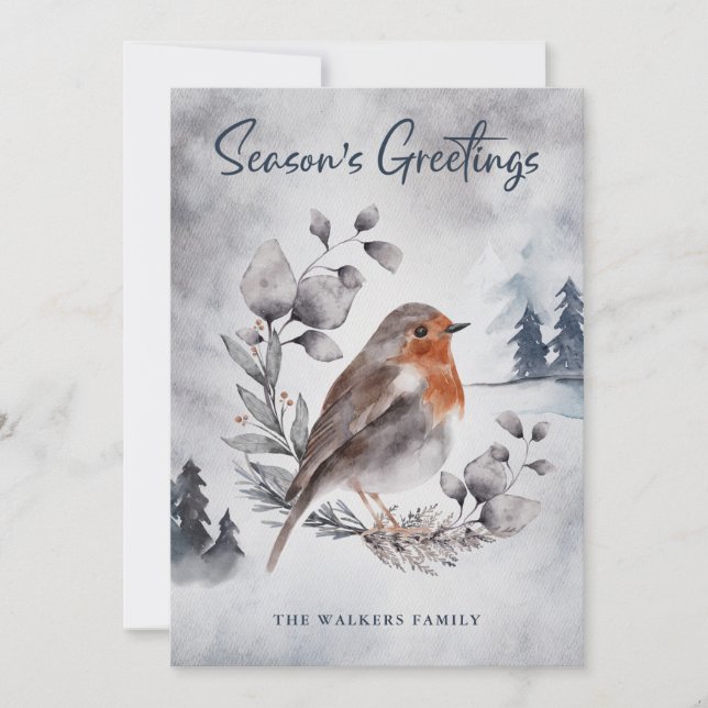 Watercolor Winter American Robin Holiday Card (Frente)