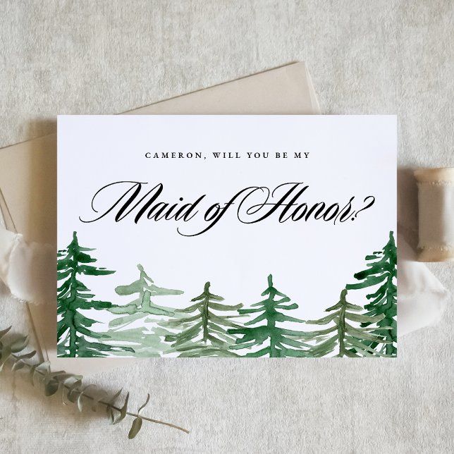 Watercolor Woodland Você Será Minha Madrinha de ca ( Customizable Woodland "Will You Be My Maid of Honor?" Card featuring enchanting watercolor forest.)