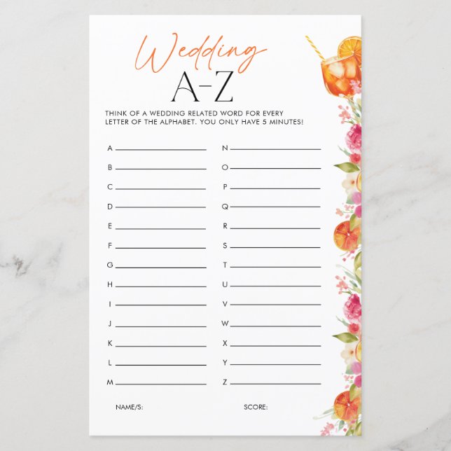 Wedding A-Z Bridal Shower Game First Spritz (Frente)