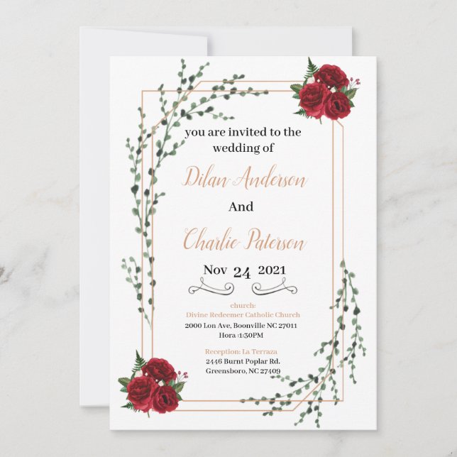 Wedding Invitation, red rose  Gold  (Frente)