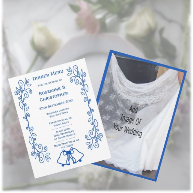 Wedding Menu Card Blue Sapphire Bells Scrollwork  (Criador carregado)