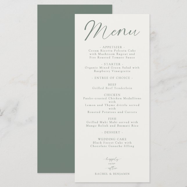 Wedding Reception Menu Elegant Script Sage Green (Frente/Verso)