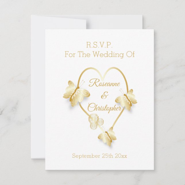 Wedding RSVP Card Gold Coloured Heart Butterfly (Frente)