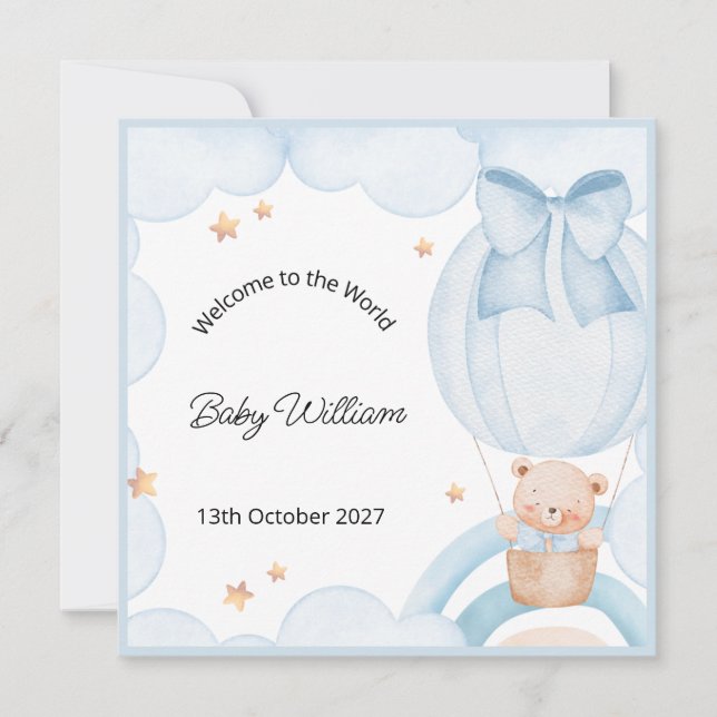 Welcome Baby Boy Balloon Teddy Bear Card (Frente)