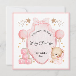 Welcome Baby Girl Pink Frame Teddy Bear Card