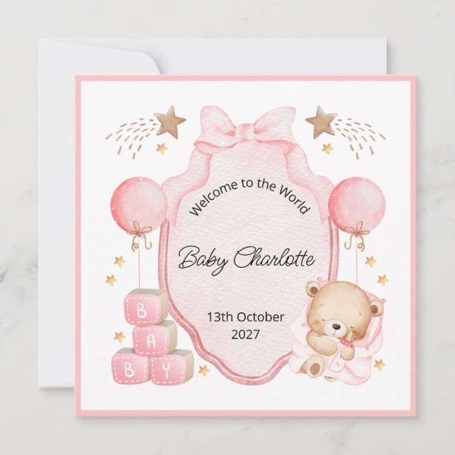 Welcome Baby Girl Pink Frame Teddy Bear Card (Frente)