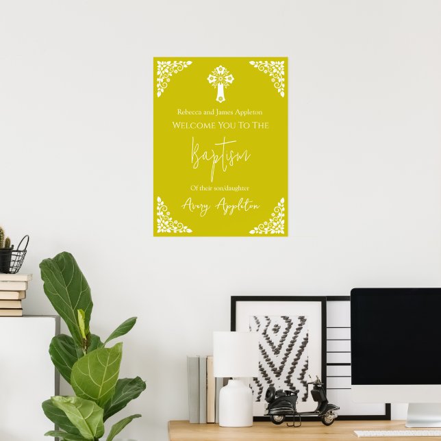 Welcome Poster Floral Cross Christening Yellow (Escritório em casa)