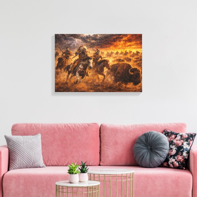 Western Buffalo Hunt Sunset Landscape Canvas (Insitu(Sala de estar))