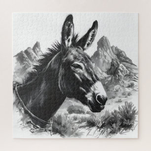 Western Donkey Vintage Quebra-cabeça preto e branc