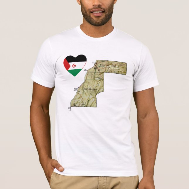 Western Sahara Flag Heart and Map T-Shirt (Frente)