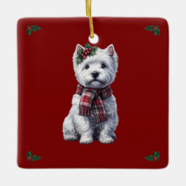 Westie de Natal com ornamento sagrado.