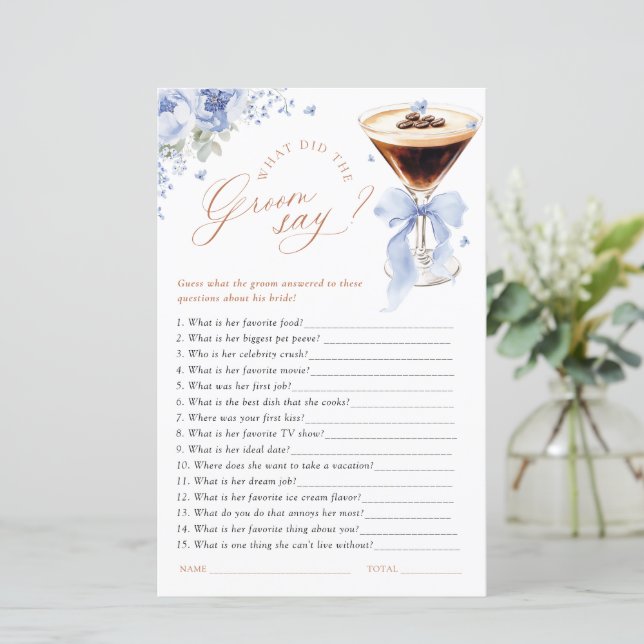 What Did the Groom Say Blue Bow Bridal Shower Game (Em pé/Frente)