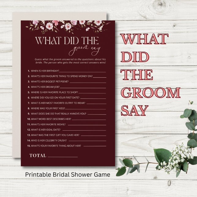 What Did the Groom Say BridalShower Game, Burgundy (Criador carregado)