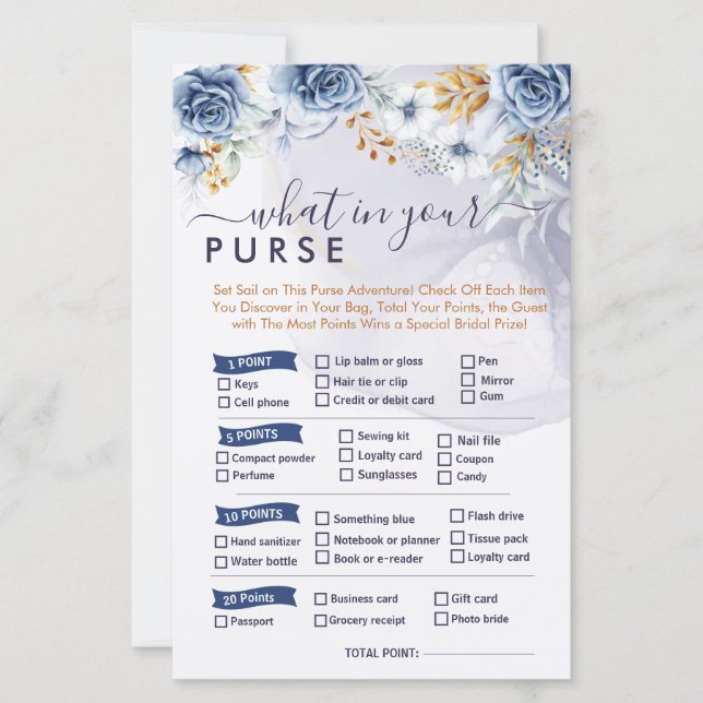 What in Your Purse Blue Floral Bridal Shower Games (Frente)