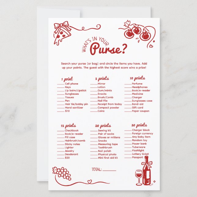 Whats In Your Purse Italian Bridal Party Game Card (Frente)
