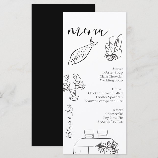 Whimiscal Doodle Black White Heart Wedding Menu  (Frente/Verso)