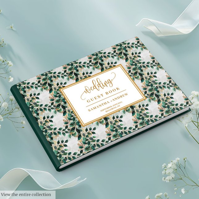 Whimoral Floral Profundo Livro Verde E Dourado (Stylish Forest Green And Gold Eucalyptus Guest Book)