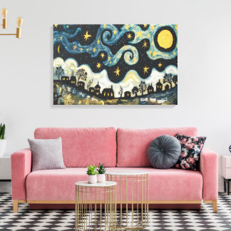 Whimsic Starry Night Over Village Canvas Art