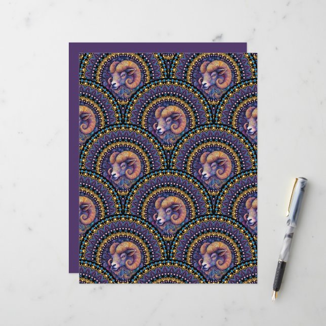Whimsical Aries Zodiac Mandala Art Deco Scallop (Frente/Verso In Situ)
