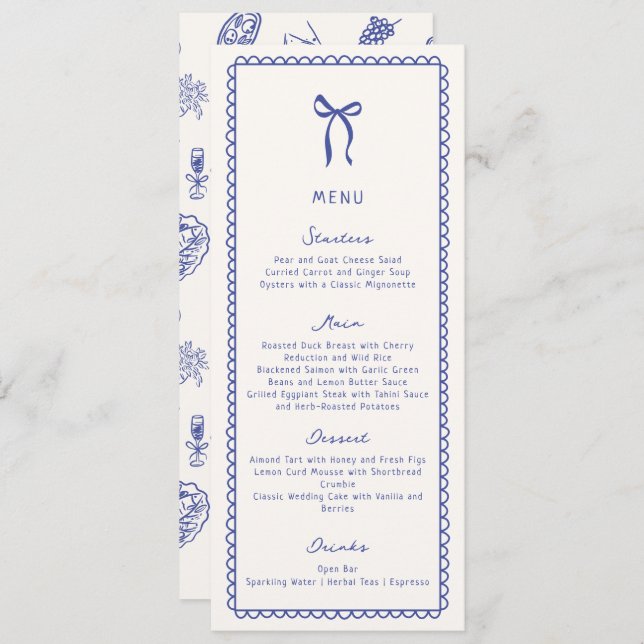 Whimsical, azul Mão desenhada, Menu Plano Casado (Frente/Verso)