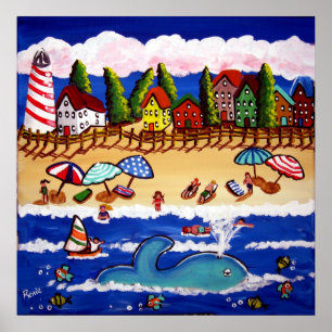 Whimsical Beach Cape Cod Whale Folart Poster