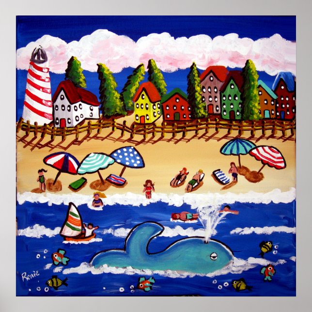 Whimsical Beach Cape Cod Whale Folart Poster (Frente)