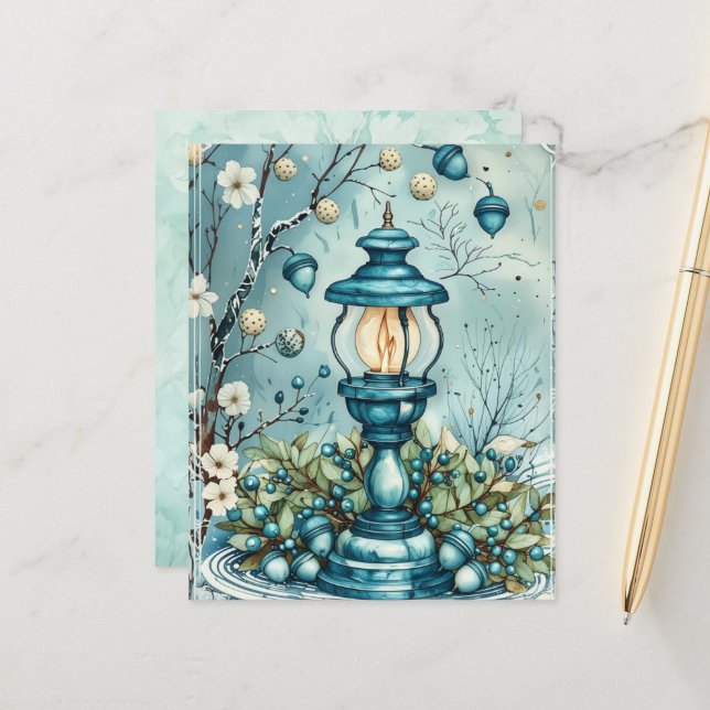 Whimsical Blue Christmas Lamp Scrapbook Paper (Frente/Verso In Situ)