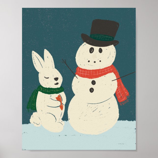 Whimsical Bunny & Snowman Art Impressão (Frente)