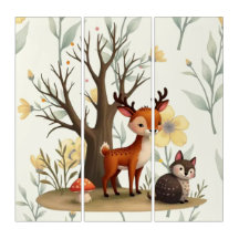 Whimsical Deer & Hedgehog Triptych Wall Art