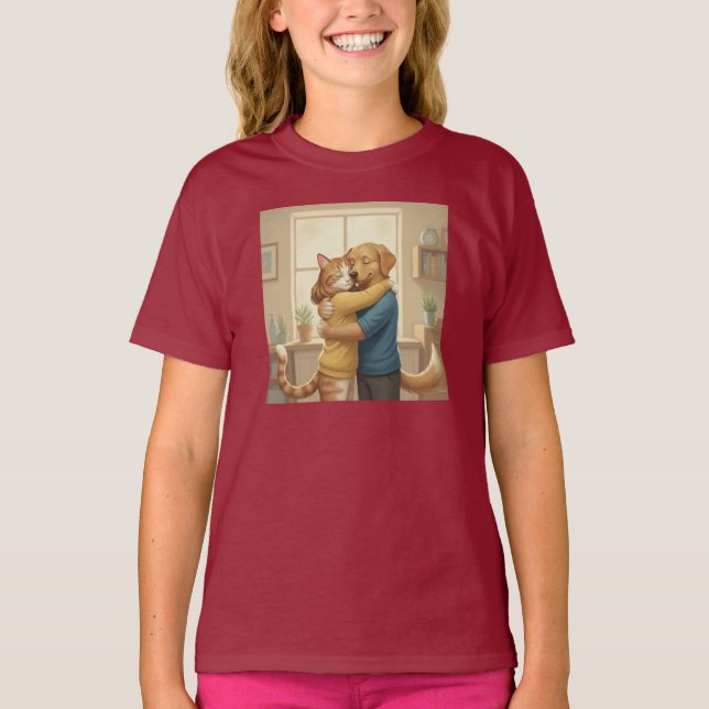 Whimsical Dog and Cat Hug Girls' T-Shirt (Frente)