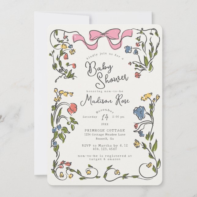 Whimsical Floral Girl Doodle Baby Shower Invite (Frente)