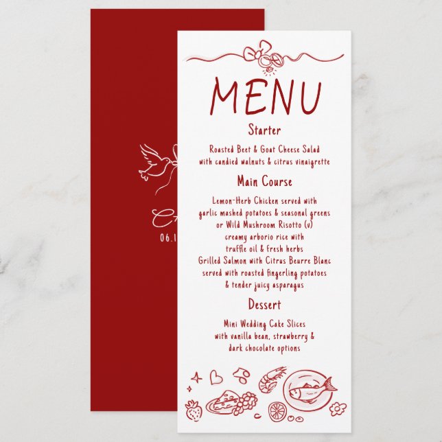 Whimsical Funky Decor Handwritten Red Wedding Menu (Frente/Verso)