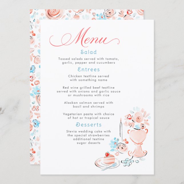 Whimsical Funky Hand Drawn Dusty Blue Wedding Menu (Frente/Verso)