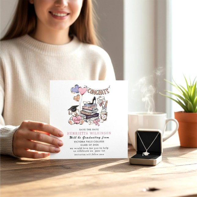 Whimsical hand drawn Graduation Save the Date Card (Criador carregado)