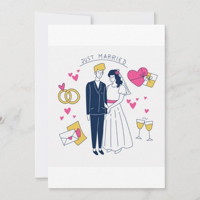 Whimsical Hand-Drawn "Just Married" Couple  (Frente)