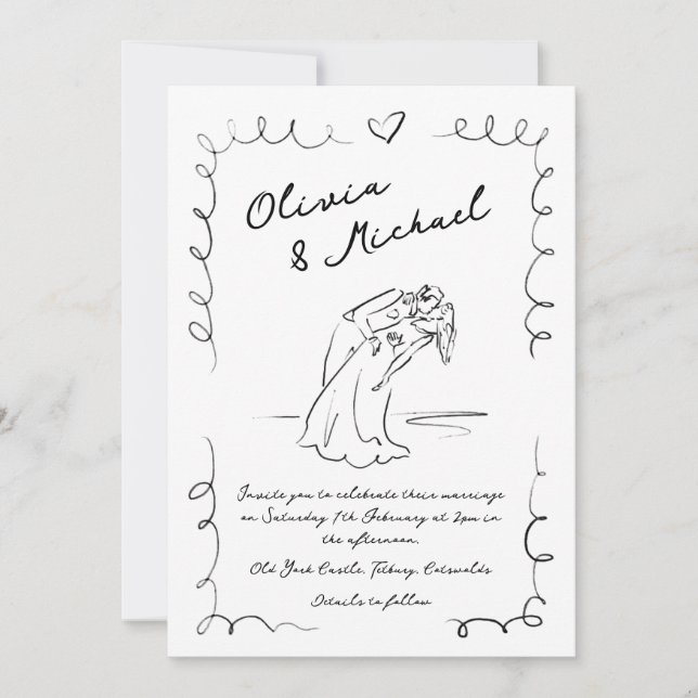 Whimsical Hand Drawn Quirky Wedsing Convite (Frente)