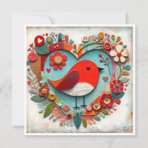 Whimsical mixed media Red Robin Bird Heart