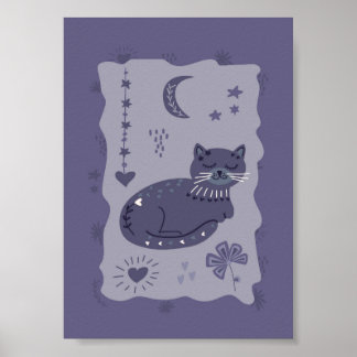Whimsical Night Cat Folk Art Poster