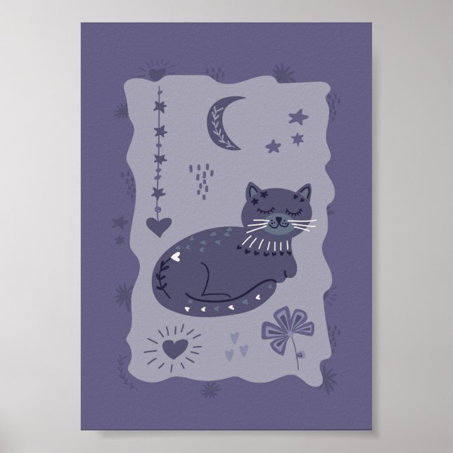 Whimsical Night Cat Folk Art Poster (Frente)