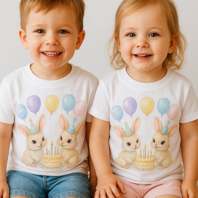 Whimsical Pastel Bunny Twins Birthday T-Shirt (Criador carregado)