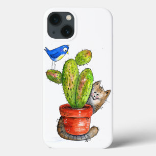Whimsical Sneaky Cat com Cactus