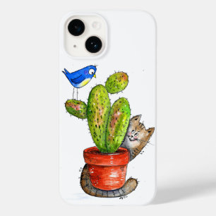 Whimsical Sneaky Cat com Cactus