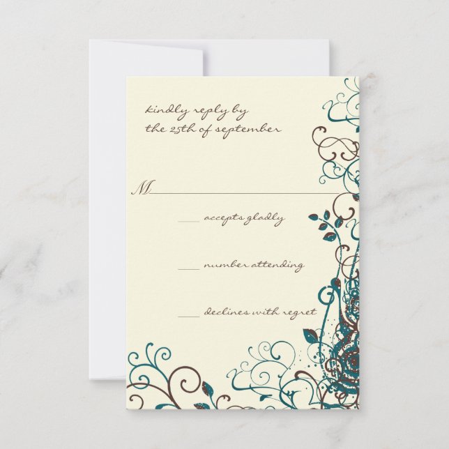 Whimsical Teal & Brown Swirl Weding RSVP (Frente)