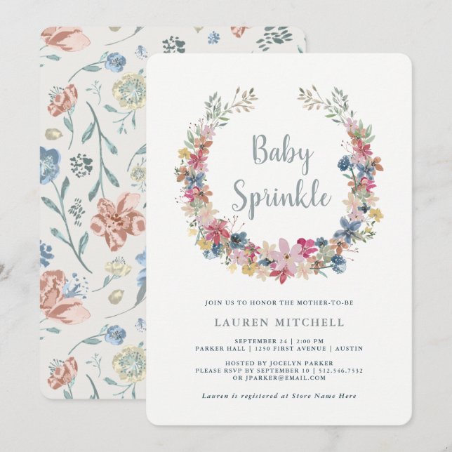 Whimsical Wreath | Convite Floral Baby Sprinkle (Frente/Verso)