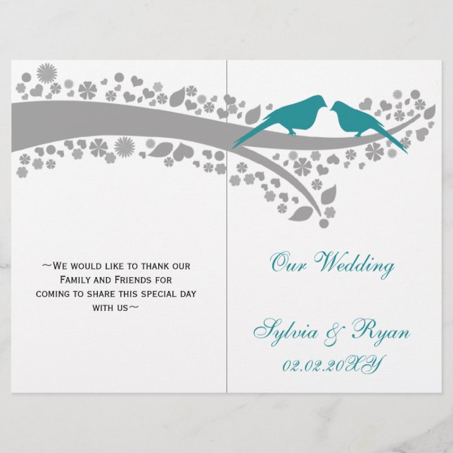 whimsy aqua lovebird dobrou programa de casamento (Frente)