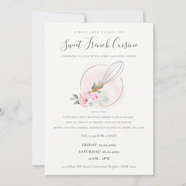 Whisk Wooden Floral Bakery Cozinhar Classe Convite (Frente)