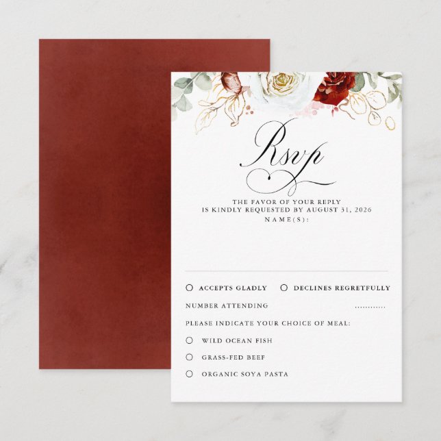 White and Burgundy Red Flowers Wedding RSVP (Frente/Verso)