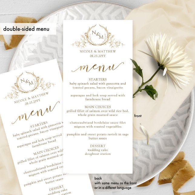 White and Gold Monogram Wedding Double-sided Menu (Criador carregado)