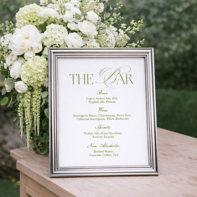 White and Sage Green Wedding Bar Menu Poster (Criador carregado)