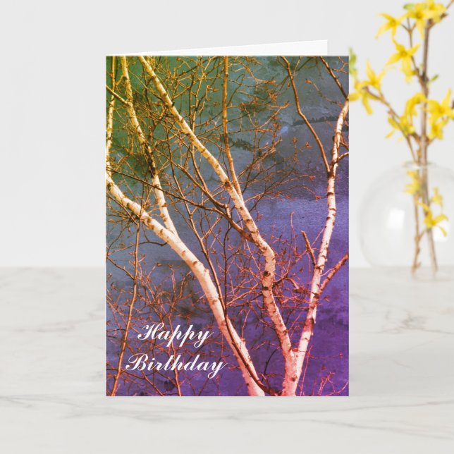 White Birch Tree Blue Sky Nature Art Cartão de Ani (Flor Amarela)